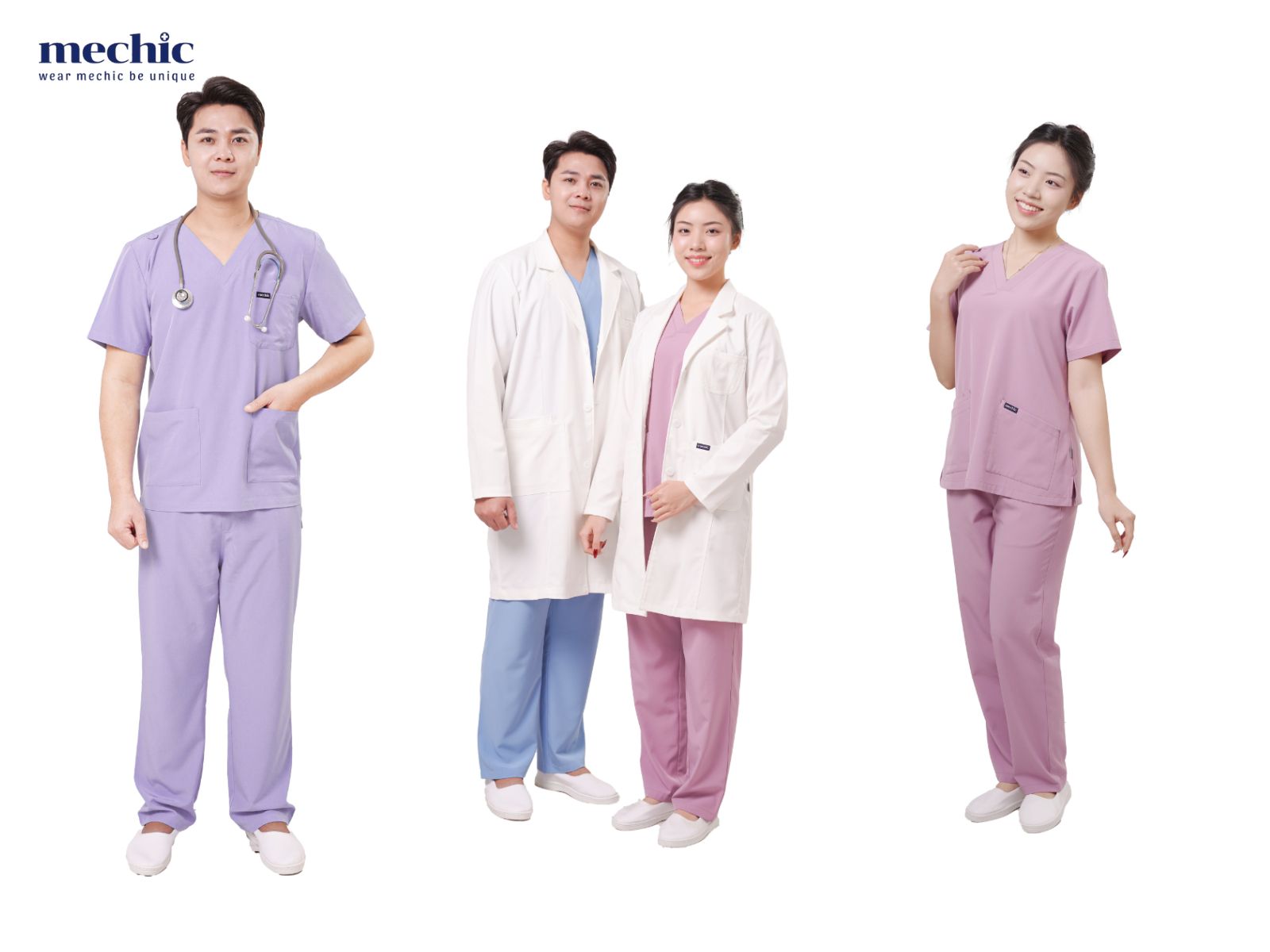 Đồng phục y tế được thiết kế đơn giản, gọn gàng và đa dạng kích cỡ, đảm bảo sự thoải mái và linh hoạt cho nhân viên trong môi trường làm việc áp lực.
