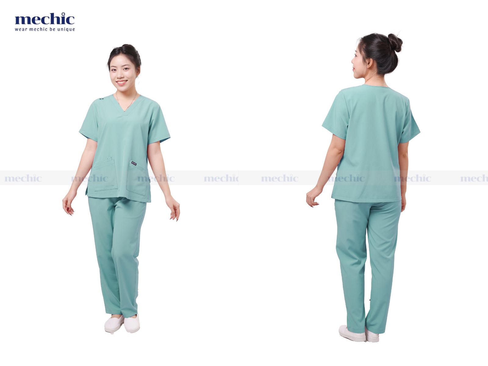 Áo scrubs cổ chữ V là kiểu áo được sử dụng phổ biến nhất trong ngành y tế
