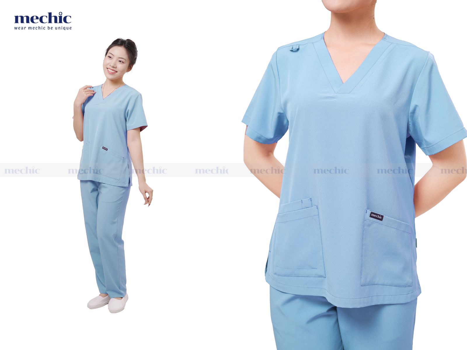 Áo scrubs thường được thiết kế với cổ tròn hoặc cổ chữ V