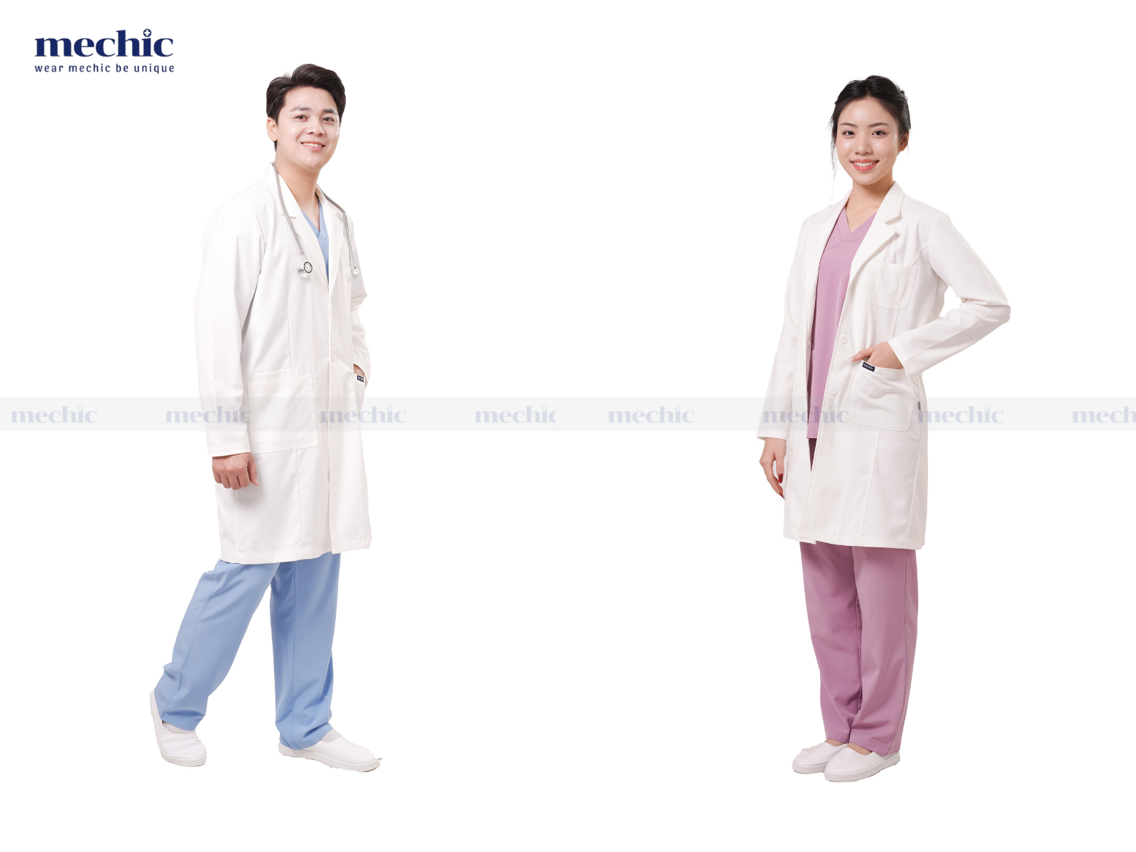 Áo blouse bác sĩ có chiều dài ngang gối với thiết kế cổ kiểu danton trang trọng