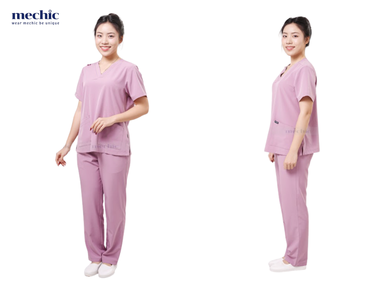 Bộ áo scrubs thoáng mát, tiện lợi với thiết kế đơn giản, giúp nhân viên y tế di chuyển dễ dàng và làm việc thoải mái suốt ca trực dài.