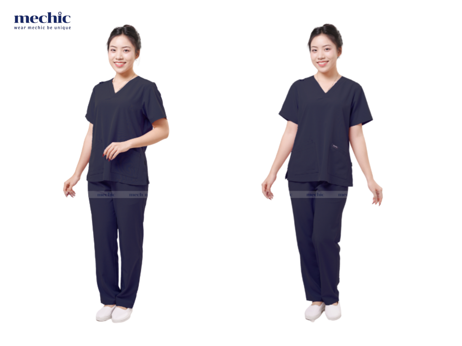 Bộ scrubs cổ chữ V thoáng mát, co giãn, lý tưởng cho bác sĩ phẫu thuật cần linh hoạt và thoải mái suốt ca mổ.  3.5 Bộ Scrubs có túi và ngăn đựng công cụ