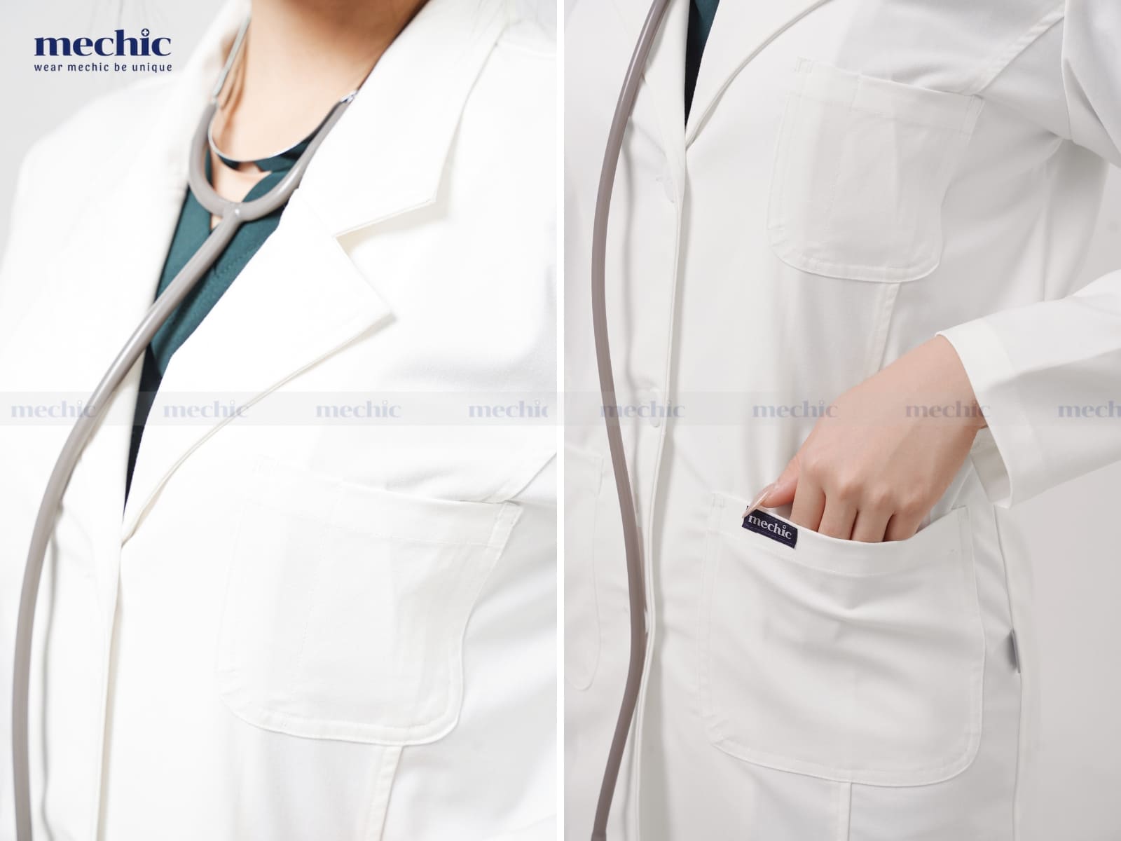 Mechic nổi bật với sản phẩm áo blouse tay dài trắng vải dày nhờ được dệt từ chất liệu Nano Poly co giãn 4 chiều