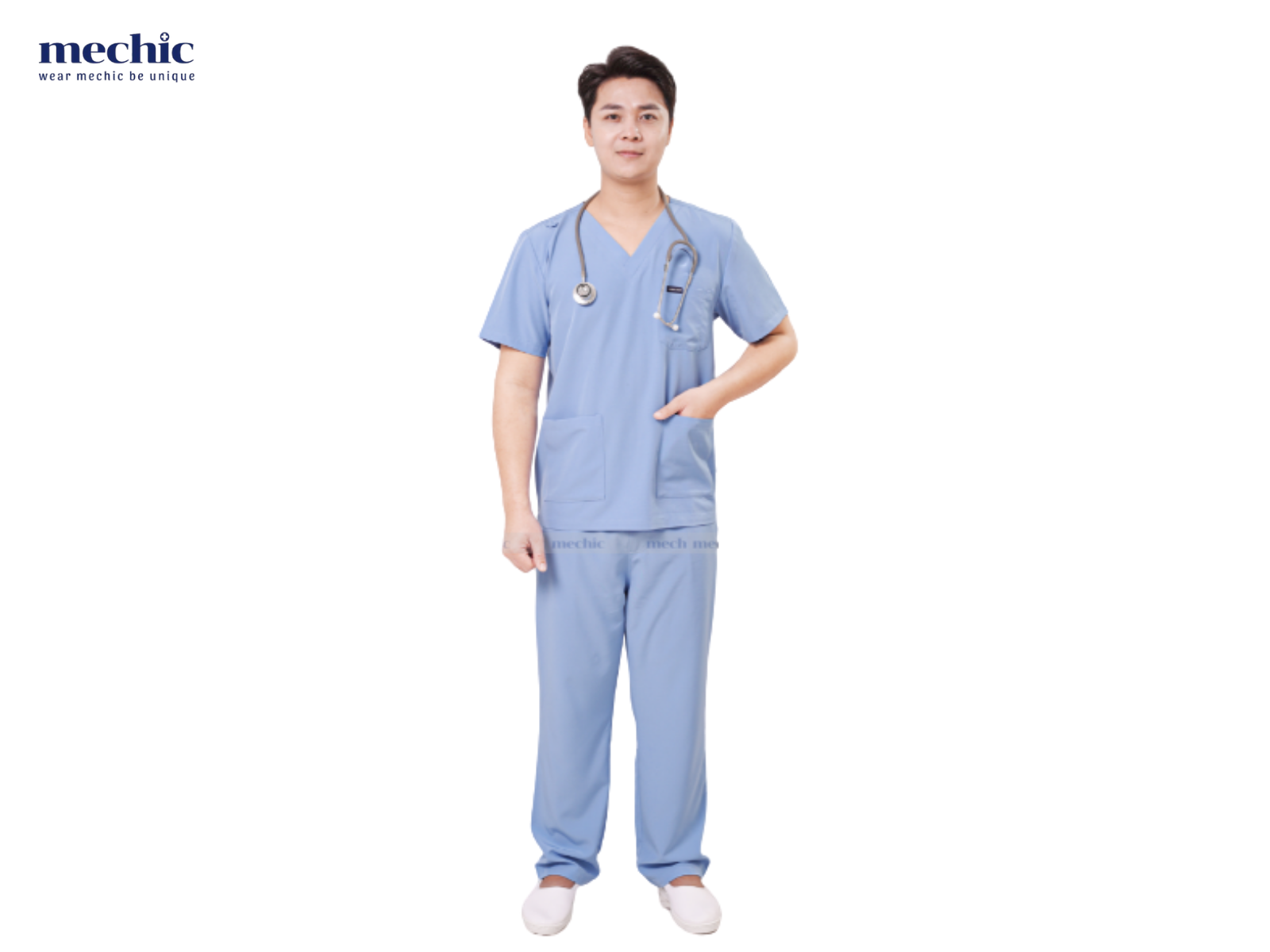 Scrub cổ tim nam ngắn tay 01 – thiết kế chuẩn y khoa, thoải mái vận động, bền chắc từng đường may