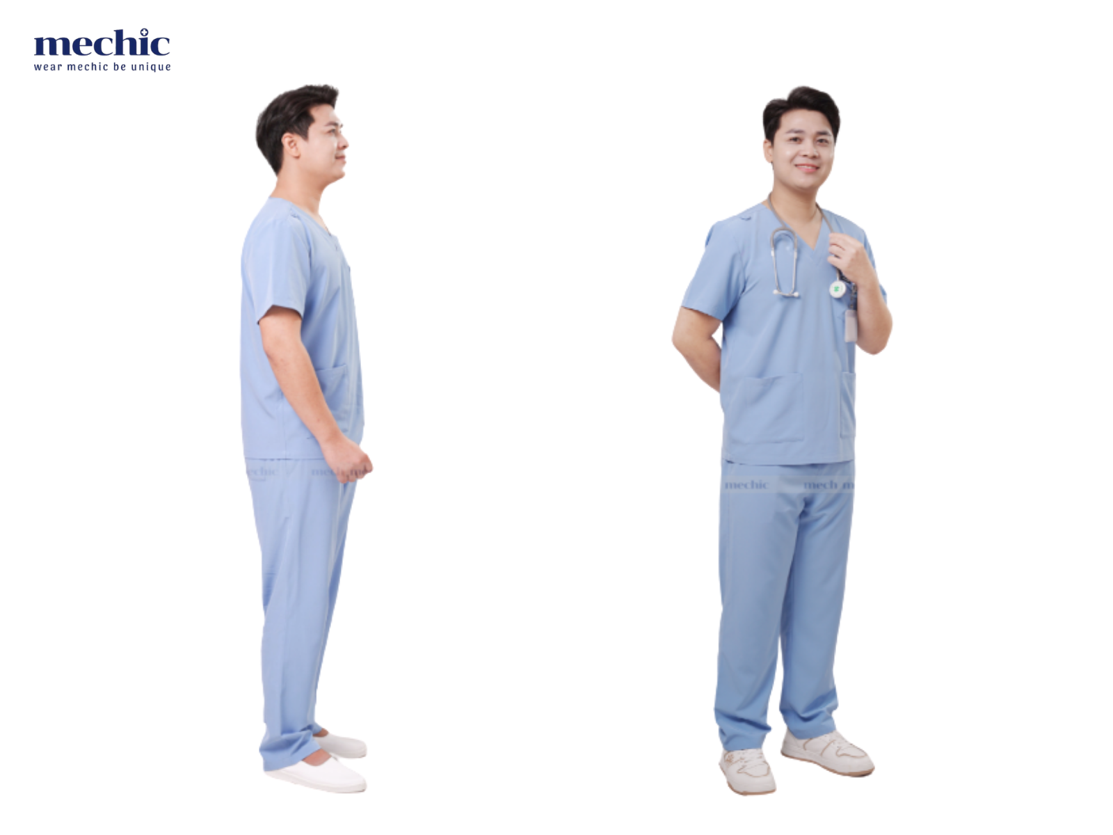Scrub cổ tim nam Mechic – co giãn 4 chiều, nhẹ, thoáng, kháng khuẩn, luôn chỉn chu suốt ca làm việc