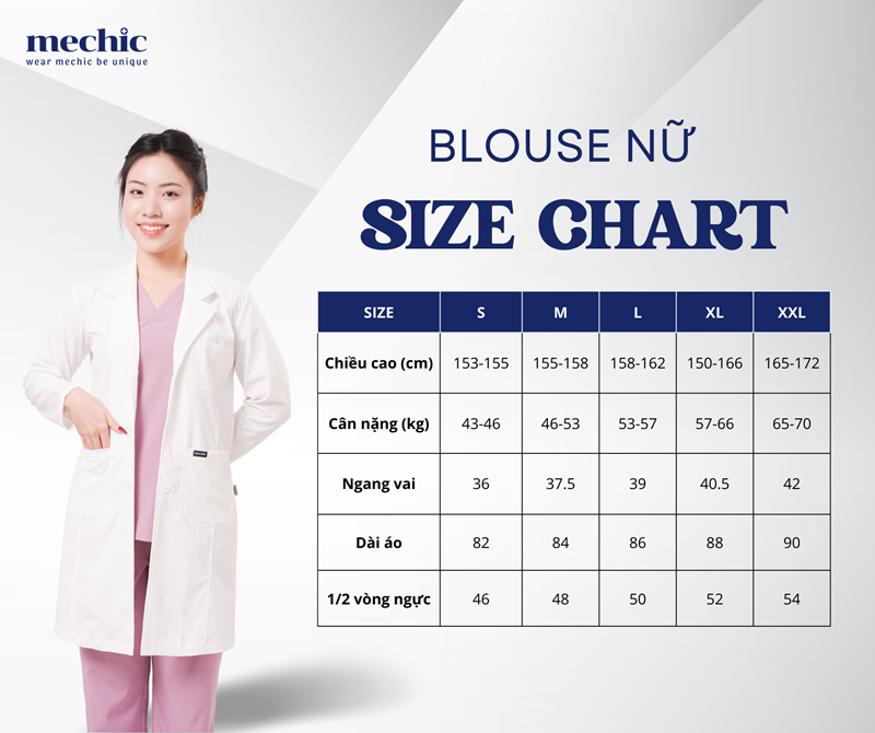 Bảng size áo blouse dược sĩ nữ chi tiết