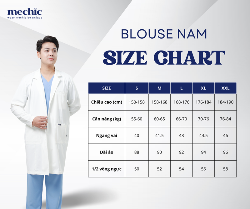 Bảng size áo blouse dược sĩ nam chi tiết