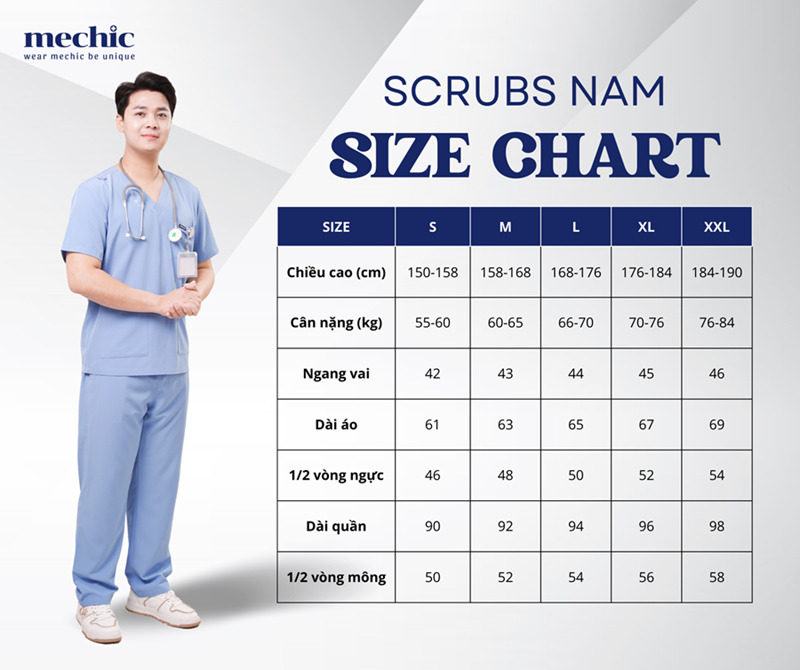 Bảng size đồng phục phẫu thuật nam