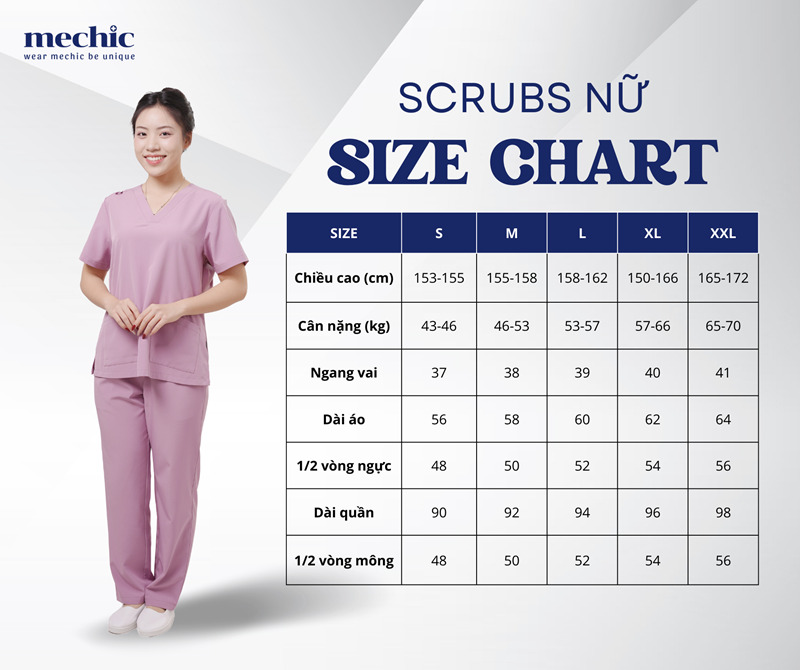 Bảng size đồng phục phẫu thuật nữ