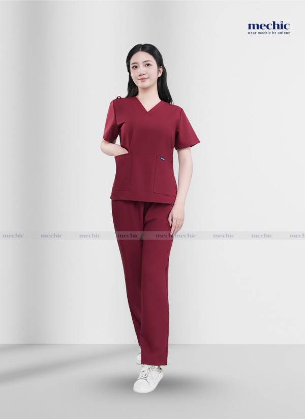 Bộ Scrubs Cổ Tim Nữ - Đỏ 02