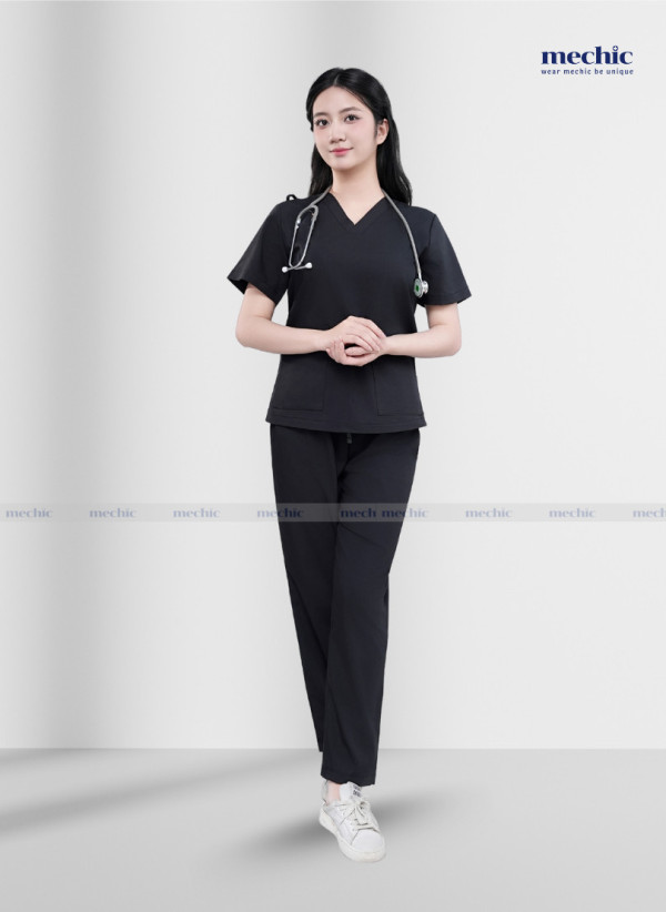 Bộ Scrubs Cổ Tim Nữ - Đen 01